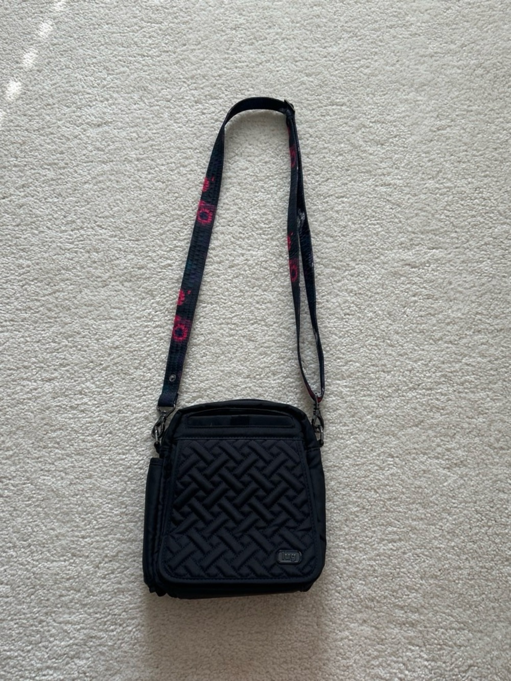 lug Black Quilted Crossbody Bag with Patterned Strap